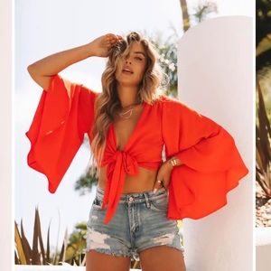 Bell sleeve tie front crop top in tomato